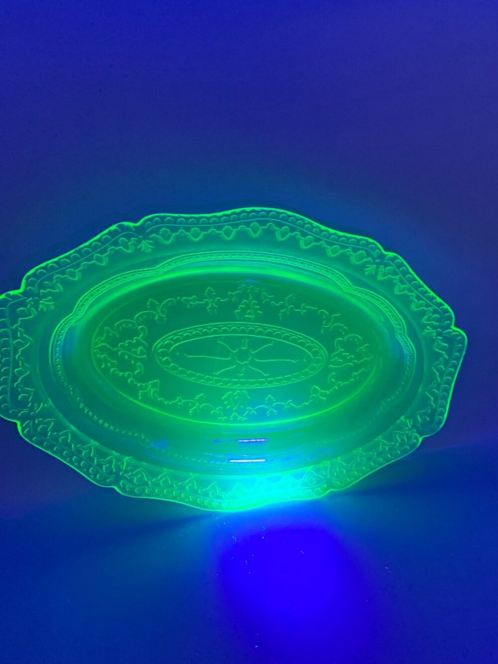 Federal Glass Company Green Uranium Glass Oval Platter "Patrician" Pattern